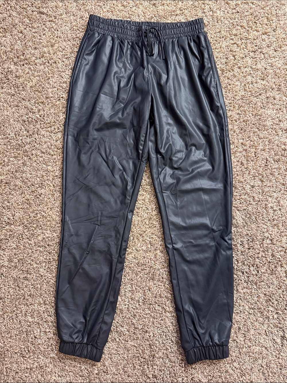 Black Faux-Leather Jogger Pants with Elastic Waist